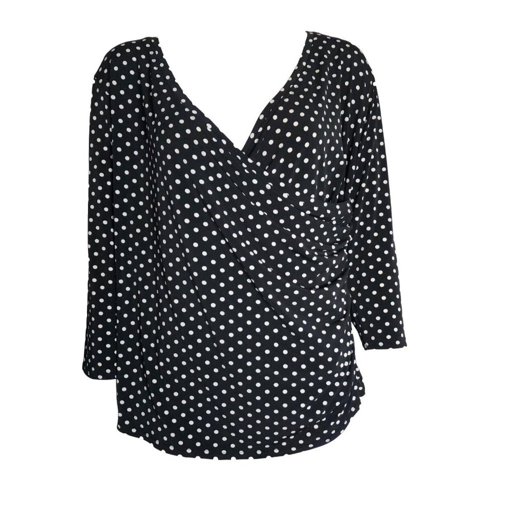 Evie Top Womens Plus Size 1X Black White Polka Dot 3/4‎ Sleeve Pullover